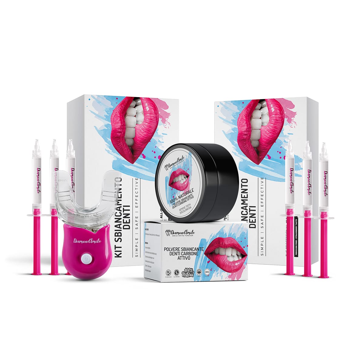 Un kit per lo sbiancamento dentale Diamond Smile con gel sbiancante e carbone attivo su uno sfondo bianco