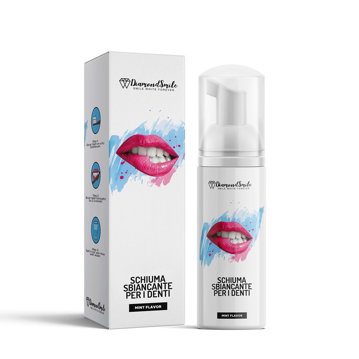 Schiuma sbiancante Diamond Smile su sfondo bianco